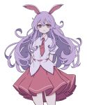  1girl animal_ears bangs blouse buttons collared_blouse highres kame_(kamepan44231) light_purple_hair long_hair medium_skirt necktie pink_skirt puffy_short_sleeves puffy_sleeves purple_hair rabbit_ears red_eyes red_necktie reisen_udongein_inaba short_sleeves simple_background skirt solo touhou very_long_hair white_background white_blouse 