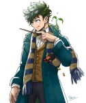  1boy black_bow black_bowtie boku_no_hero_academia bow bowtie bowtruckle coat collared_shirt cosplay creature freckles gem gold_coin green_coat green_eyes green_hair heart holding holding_gem holding_wand male_focus midoriya_izuku multicolored_clothes multicolored_scarf newt_scamander newt_scamander_(cosplay) niffler pero_(pero56870578) scarf shirt simple_background solo tongue tongue_out trench_coat twitter_username vest wand yellow_vest 