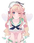 1girl blonde_hair blue_eyes blush breasts dress earrings hair_ornament hair_ribbon hat heart highres jewelry large_breasts long_hair macross macross_frontier midriff one_eye_closed ribbon sailor sailor_dress sailor_hat sechi_(stst1850) sheryl_nome smile solo under_boob white_background 