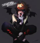  1boy bat_wings blue_eyes brown_hair gloves hair_over_one_eye halloween_costume highres hospital_0434 kingdom_hearts kingdom_hearts_ii male_focus mask mask_on_head mini_wings shaded_face solo sora_(kingdom_hearts) spiky_hair squatting the_nightmare_before_christmas tongue tongue_out white_gloves wings 