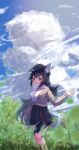  1girl absurdres animal_ear_fluff animal_ears black_hair breasts closed_mouth clouds grass hair_between_eyes hair_ornament hairclip hat highres hololive hololive_gamers leaf long_hair meadow mihaeru multicolored_hair ookami_mio open_mouth ponytail redhead sky smile solo streaked_hair tail virtual_youtuber wolf_ears wolf_girl wolf_tail yellow_eyes 