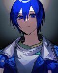  1boy blue_eyes blue_hair empty_eyes expressionless highres jacket kaito_(vocaloid) male_focus project_sekai short_hair solo solo_a vivid_bad_squad_(project_sekai) vocaloid 