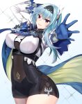  1girl black_hairband blue_gloves blue_hair blue_necktie breasts cape commentary_request covered_navel cowboy_shot eula_(genshin_impact) genshin_impact gloves hairband kirisaki_idumi leotard looking_at_viewer medium_breasts necktie partial_commentary reaching_out smile thighs vision_(genshin_impact) 