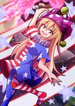  1girl american_flag_dress american_flag_pants aospanking arm_up bangs black_sky blonde_hair breasts clownpiece danmaku dress eyebrows_visible_through_hair fairy_wings fire hair_between_eyes hand_up hat highres holding holding_torch jester_cap laser leg_up long_hair looking_at_viewer medium_breasts moon neck_ruff night night_sky no_shoes open_mouth pants pink_eyes pink_fire pink_headwear polka_dot short_sleeves sky smile solo space spell_card standing standing_on_one_leg star_(sky) star_(symbol) star_print starry_sky striped striped_dress striped_pants torch touhou wings 