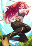  1girl :d absurdres black_pants day eris_greyrat floating_hair highres holding holding_sword holding_weapon lens_flare long_hair mushoku_tensei open_mouth outdoors pants red_eyes redhead shirt short_sleeves smile solo sword tamago_sando very_long_hair weapon white_shirt 