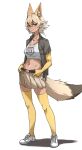  1girl absurdres animal_ear_fluff animal_ears bangs beige_skirt belt breasts collarbone commentary coyote_(kemono_friends) coyote_ears coyote_girl coyote_tail crop_top elbow_gloves extra_ears eyebrows_visible_through_hair full_body gloves gradient_hair hair_between_eyes hands_on_hips highres kemono_friends light_brown_hair medium_breasts midriff multicolored_hair navel pleated_skirt shoes short_hair short_sleeves simple_background skirt sneakers solo standing tail tanabe_(fueisei) thigh-highs white_background white_footwear white_hair yellow_eyes yellow_gloves yellow_legwear zettai_ryouiki 