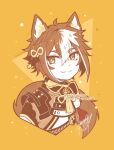  1boy :3 animal_ears bangs brown_theme closed_mouth commentary dog_boy dog_ears english_commentary genshin_impact gorou_(genshin_impact) hair_ornament knot looking_at_viewer looking_to_the_side male_focus monochrome multicolored_hair neck_tassel paw_print pom_pom_(clothes) sandragh solo streaked_hair upper_body 