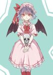  1girl ascot bat_wings brooch dress hat hat_ribbon highres jewelry looking_at_viewer mob_cap nanasuou puffy_short_sleeves puffy_sleeves red_eyes remilia_scarlet ribbon short_hair short_sleeves simple_background skirt skirt_set solo touhou white_background wings wrist_cuffs 