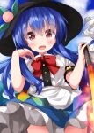  1girl :d black_headwear blue_hair blue_skirt blush bow bowtie center_frills cowboy_shot eyebrows_visible_through_hair food frills fruit hair_between_eyes hat highres hinanawi_tenshi holding leaf long_hair looking_at_viewer open_mouth peach puffy_short_sleeves puffy_sleeves red_bow red_eyes ruu_(tksymkw) shirt short_sleeves skirt smile solo touhou very_long_hair white_shirt 