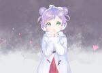  1girl abstract_background ahoge blush bow coat covering_mouth double_bun earmuffs green_eyes highres long_sleeves looking_at_viewer machico manaka_lala nose_blush own_hands_together palms_together pretty_(series) pripara purple_hair shiny shiny_hair short_hair solo tareme triangle upper_body white_bow white_coat 