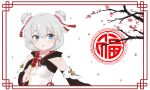  1girl absurdres bare_shoulders blue_eyes branch chinese_clothes chinese_new_year dango double_bun food highres holding holding_food honkai_(series) honkai_impact_3rd nengajou new_year open_mouth petals solo theresa_apocalypse theresa_apocalypse_(valkyrie_pledge) wagashi white_background white_hair yu_ningning 