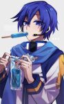  1boy blue_eyes blue_hair coat earphones eating food hands_up highres idonaka kaito_(vocaloid) long_sleeves popsicle popsicle_in_mouth scarf simple_background solo vocaloid 