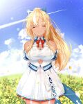  1girl absurdres arms_behind_back blonde_hair blue_sky breasts closed_eyes dark-skinned_female dark_skin dress field flower flower_field garter_straps highres hololive large_breasts long_hair petals pointy_ears ponytail shiranui_flare sky smile thigh-highs u_da_desu virtual_youtuber white_dress wind 