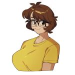  1990s_(style) 1girl bangs blush brown_eyes brown_hair collarbone cropped_torso eyebrows_behind_hair highres original portrait retro_artstyle shirt short_hair smile snowcie snowciel solo white_background yellow_shirt 