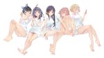  5girls barefoot black_hair blonde_hair blue_eyes blue_hair blue_hairband braid breasts cellphone closed_mouth feet hairband highres holding holding_phone kanojo_okarishimasu legs long_hair looking_at_viewer medium_breasts mizuhara_chizuru multicolored_hair multiple_girls nanami_mami one_eye_closed open_mouth patreon_username phone red_eyes redhead sakurasawa_sumi sarashina_ruka shirt short_hair simple_background single_braid sitting smile sydus t-shirt two-tone_hair white_background white_shirt yaemori_mini 