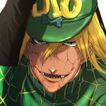  argyle argyle_sweater blonde_hair bow cracked_skin diego_brando glasgow_smile gloves green_eyes green_shirt hat hat_bow hospital_0434 jojo_no_kimyou_na_bouken male_focus multiple_boys scary_monsters_(stand) sharp_teeth shirt stand_(jojo) steel_ball_run sweater teeth 