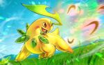  bayleef blurry brown_eyes commentary_request day full_body grass kaosu_(kaosu0905) no_humans open_mouth outdoors pokemon pokemon_(creature) signature sky smile solo standing tongue 