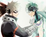  2boys bakugou_katsuki blonde_hair bodysuit boku_no_hero_academia cho_mo_futoshi freckles gloves green_bodysuit green_eyes green_hair highres holding_person hood hood_down looking_at_another male_focus mask mask_removed midoriya_izuku multiple_boys open_mouth profile red_eyes spiky_hair sweatdrop white_gloves 