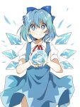  1girl bangs blue_bow blue_dress blue_eyes blue_hair blush bow cirno closed_mouth collared_shirt cowboy_shot dress eyebrows_visible_through_hair frog frozen_frog hair_between_eyes hair_bow highres holding ice ice_wings looking_at_viewer pinafore_dress puffy_short_sleeves puffy_sleeves sasaki_sakiko shirt short_hair short_sleeves simple_background smile solo standing touhou v-shaped_eyebrows white_background white_shirt wings 