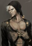  1boy absurdres bare_pectorals black_sclera colored_sclera crossed_belts grey_hair hand_on_own_chest hat hat_bobbles highres hospital_0434 jojo_no_kimyou_na_bouken male_focus muscular muscular_male pectorals red_eyes risotto_nero silver_hair solo vento_aureo 