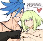  2boys androgynous black_gloves blue_eyes blue_hair collarbone copyright_name eyebrows_visible_through_hair fist_bump galo_thymos gloves green_eyes grin hanezo heart lio_fotia looking_at_viewer male_focus multiple_boys promare short_hair sidecut sidelocks simple_background smile spiky_hair topless_male violet_eyes white_background 