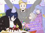  :d amajiki_tamaki balloon bangs birthday black_hair blonde_hair blue_background blue_eyes blue_hair blueberry boku_no_hero_academia border cake candle character_name child chocolate confetti dated doughnut english_text eri_(boku_no_hero_academia) excited eye_contact food french_fries fruit gift grey_hair grin hadou_nejire happy happy_birthday hat highres horns light_blue_hair long_hair looking_at_another looking_at_viewer okusuritetyo open_mouth outside_border paper_chain party_hat pointy_ears raised_eyebrows red_eyes short_hair silver_hair single_horn smile spiky_hair star_(symbol) star_print strawberry togata_mirio two-tone_background very_long_hair white_border 