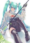  1girl absurdres banana_oekaki bangs black_bodysuit black_gloves blue_eyes blue_hair bodysuit closed_mouth covered_navel crop_top flag gloves hair_between_eyes hatsune_miku highres holding holding_flag long_hair long_sleeves looking_at_viewer racing_miku racing_miku_(2022) shiny shiny_hair simple_background sitting smile solo sweater twintails very_long_hair vocaloid white_background white_sweater 