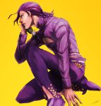  1boy absurdres braid braided_ponytail character_doll crop_top freckles hand_to_own_face highres hospital_0434 jojo_no_kimyou_na_bouken long_hair male_focus midriff one_knee purple_hair ribbed_sweater solo sweater vento_aureo vinegar_doppio yellow_eyes 