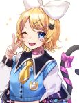  1girl blonde_hair blue_eyes bow bow_hairband cat_tail choker fake_tail fangs hair_bow hairband highres kagamine_rin long_sleeves one_eye_closed short_hair smile solo soramame_pikuto tail v vocaloid white_background 