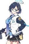  1girl absurdres aqua_eyes black_hair blackheart blue_archive breasts cardigan chihiro_(blue_archive) glasses gun halo hand_in_pocket highres holding holding_gun holding_weapon jacket large_breasts necktie pleated_skirt short_hair skirt watch watch weapon white_background 