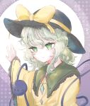  1girl :&lt; black_headwear blouse bow buttons closed_mouth commentary dawn_aio diamond_button eyebrows_visible_through_hair frilled_shirt_collar frilled_sleeves frills green_eyes green_hair hair_between_eyes hand_up hat hat_bow komeiji_koishi korean_commentary long_sleeves medium_hair solo stitches third_eye touhou upper_body wide_sleeves yellow_blouse yellow_bow 