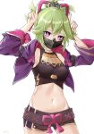  1girl absurdres armpits arms_up bare_shoulders black_mask blush body_markings breasts crop_top cropped_jacket fishnets genshin_impact green_eyes hair_ornament hands_up highres index_finger_raised kuki_shinobu mask midriff miyama_mizuki_(hoshihoshi1220) mouth_mask navel ninja ninja_mask ponytail pose short_shorts shorts simple_background solo stomach violet_eyes white_background 