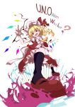  absurdres ascot blonde_hair bow crystal fang fangs flandre_scarlet frilled_shirt frilled_shirt_collar frilled_skirt frilled_sleeves frills from_below hat highres laevatein_(touhou) medium_hair mob_cap one_side_up open_mouth puffy_short_sleeves puffy_sleeves r_utchi red_bow red_eyes red_skirt red_vest shirt short_sleeves side_ponytail simple_background skirt skirt_set smile teeth touhou upper_teeth vampire vest white_background white_shirt wings yellow_ascot 