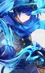  1boy blue_eyes blue_hair blue_theme crown highres idonaka kaito_(vocaloid) magical_mirai_(vocaloid) male_focus scarf smile solo vocaloid water 