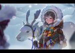  1girl animal belt blurry blurry_foreground brown_eyes brown_hair buckle diami fur_trim headband highres leash looking_at_viewer open_mouth original pom_pom_(clothes) reindeer short_hair snowing solo upper_body winter_clothes 