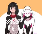  2girls bangs black_hair bodysuit breasts commentary_request exasperation gloves highres hood looking_at_viewer marvel multiple_girls short_hair silk silk_(marvel) skin_tight spider-gwen spider-man_(series) spider_web spider_web_print superhero sushi_pizza_rrr 