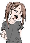  1girl absurdres black_shirt brown_hair collarbone commentary_request fangs grey_eyes highres looking_at_viewer medium_hair open_mouth original shirt short_sleeves side_ponytail simple_background sketch solo t-shirt teeth tongue tongue_out upper_teeth white_background yamamoto_souichirou 