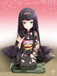  1girl bangs bishoujo_mangekyou black_hair blunt_bangs blush chaamii cushion eyebrows_visible_through_hair floor floral_print green_eyes hairband highres hime_cut japanese_clothes jitome kimono long_hair looking_at_viewer obi parted_lips print_kimono renge_(bishoujo_mangekyou) sash seiza signature sitting solo very_long_hair waving yagasuri zabuton 