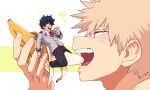  2boys adam&#039;s_apple alarmed bakugou_katsuki banana bangs barefoot blonde_hair boku_no_hero_academia close-up food freckles fruit full_body green_hair hand_up heart highres holding holding_food implied_yaoi looking_at_another looking_down male_focus midoriya_izuku multiple_boys multiple_scars naughty_face necktie open_mouth profile red_eyes red_necktie riding scar_on_hand scared school_uniform short_hair size_difference spiky_hair teeth tongue twitter_username two-tone_background u.a._school_uniform white_background yazakc yellow_background 
