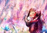  1girl animal_ear_fluff animal_ears bangs black_hair black_shirt blue_butterfly blurry blush bug butterfly cat flower hololive hololive_gamers long_hair mihaeru multicolored_hair ookami_mio open_mouth ponytail redhead shirt smile streaked_hair tail virtual_youtuber wisteria wolf_ears wolf_girl wolf_tail yellow_eyes 