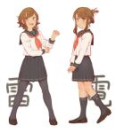  2girls anchor_symbol black_legwear black_sailor_collar black_skirt blush brown_eyes brown_footwear brown_hair character_name closed_mouth eyebrows_visible_through_hair folded_ponytail hair_between_eyes highres ikazuchi_(kancolle) inazuma_(kancolle) kanji kantai_collection kneehighs loafers long_hair long_sleeves multiple_girls neckerchief open_mouth pleated_skirt red_neckerchief sailor_collar school_uniform serafuku shoes short_hair simple_background skirt smile thigh-highs uyama_hajime white_background 