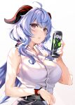  1girl ahoge bangs bare_shoulders blue_hair blush breasts can energy_drink ganyu_(genshin_impact) genshin_impact highres horns large_breasts long_hair looking_at_viewer solo temir violet_eyes 