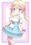  1girl blonde_hair blue_dress bow breasts child closed_mouth commentary_request dirndl dress elf eyebrows_visible_through_hair german_clothes hair_bow highres looking_at_viewer meow_(nekodenki) original pink_bow pointy_ears short_hair small_breasts smile solo twintails violet_eyes 