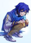  1boy blue_eyes blue_hair coat food highres holding holding_food ice_cream idonaka kaito_(vocaloid) long_sleeves male_focus scarf smile solo squatting vocaloid white_background 
