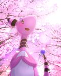  :d alternate_color ampharos commentary_request day light_rays looking_up no_humans open_mouth outdoors own_hands_together petals pokemon pokemon_(creature) shiny_pokemon smile solo yu_(pocketsun636) 