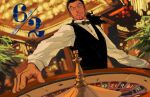  1boy black_bow black_bowtie black_hair bow bowtie casino facial_hair highres indoors long_sleeves looking_at_viewer low_ponytail one_piece rob_lucci roulette_table smile solo sutaneko vest 