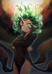  1girl black_dress blue_eyes closed_mouth collarbone covered_navel cowboy_shot crossed_arms dress floating_hair green_hair highres long_hair looking_at_viewer one-punch_man smile solo spica_(starlitworks) standing tatsumaki 