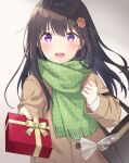  1girl bag bangs brown_coat brown_hair coat eyebrows_visible_through_hair food gift gradient gradient_background green_scarf grey_background hair_ornament highres holding holding_gift incoming_gift long_hair long_sleeves looking_at_viewer open_mouth original saka_nanato scarf solo sweatdrop upper_body valentine violet_eyes 