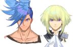  2boys androgynous blue_eyes blue_hair collarbone eyebrows_visible_through_hair galo_thymos green_hair hanezo lio_fotia male_focus mohawk multiple_boys portrait promare short_hair sidecut simple_background spiky_hair violet_eyes white_background 