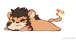  1boy alca animal_ears artist_request beard black_hair chibi commission facial_hair flame-tipped_tail flat_color furry furry_male gyee lion_boy lion_ears lion_tail lying male_focus on_stomach original second-party_source sleeping smile solo tail thick_eyebrows 